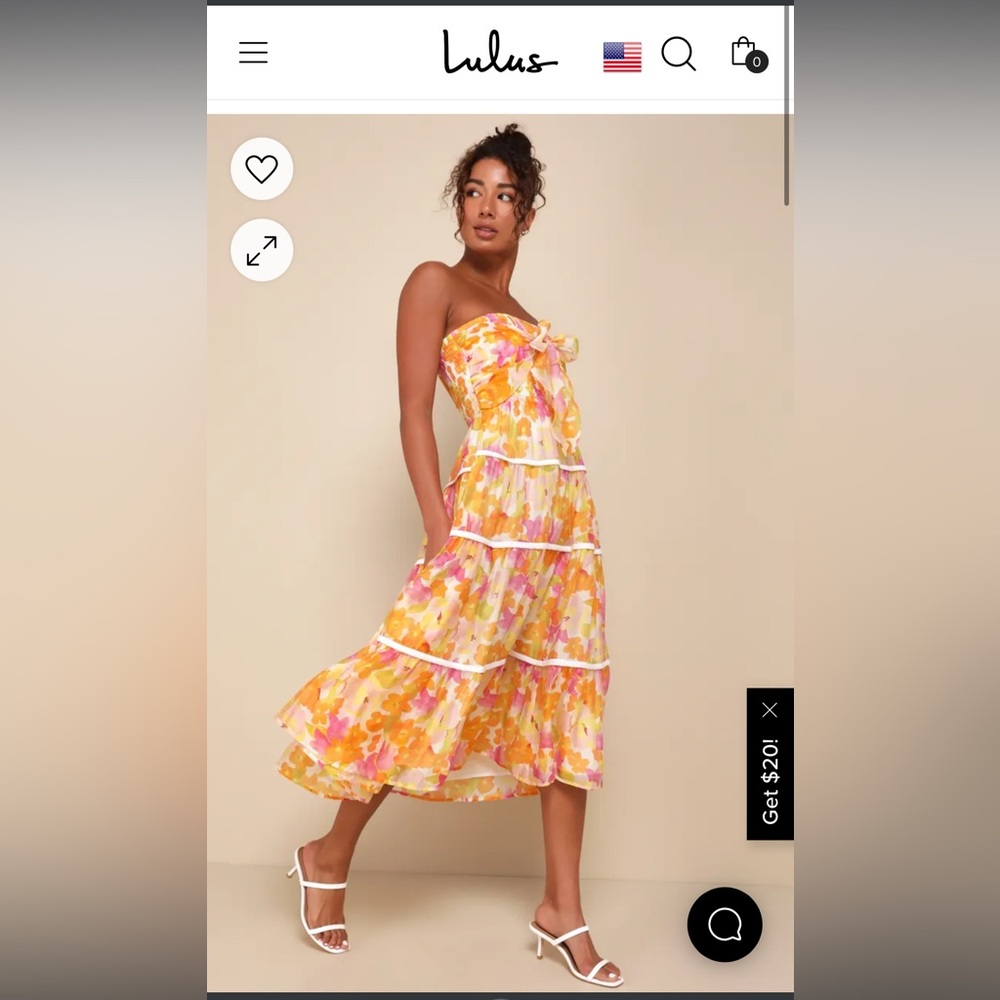 Lulus Sunlight Aura Orange Floral Strapless Tiered Midi Dress